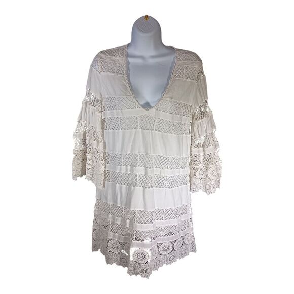 Alexis Dress Short Crochet Cotton Silk Bell Sleeve V-Neck White Womens Small - Picture 1 of 4